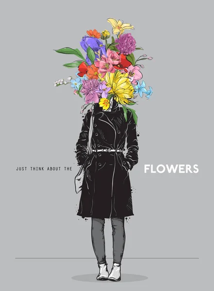 花の頭を持つスケッチスタイルでかなりスタイリッシュな女の子。ベクトル — ストックベクタ