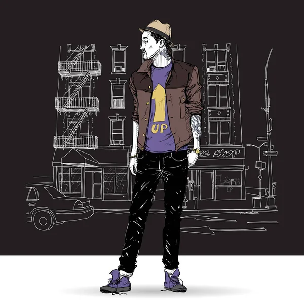 手绘背景与一个时尚的家伙在sket的插图 — 图库矢量图片