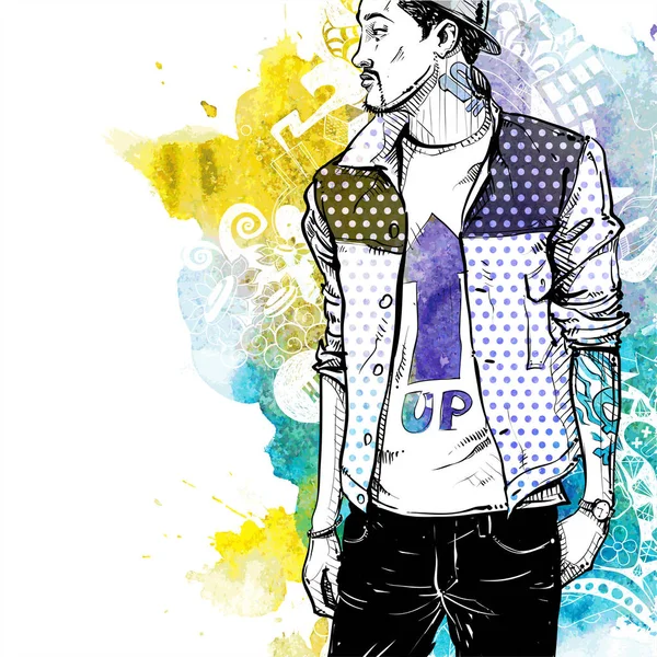 Vector illustration of a stylish boy on a background with waterc — Stock Vector