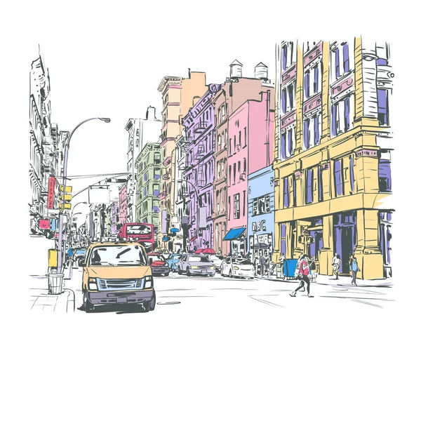 Векторная Иллюстрация Городской Улицы Автомобилями Зданиями — стоковый вектор