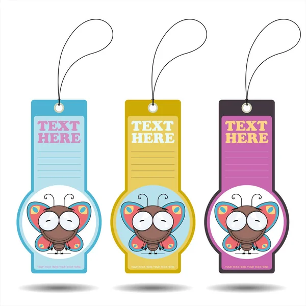 Set of tags with funny cartoon butterfly. Vector illustration. — Stock Vector