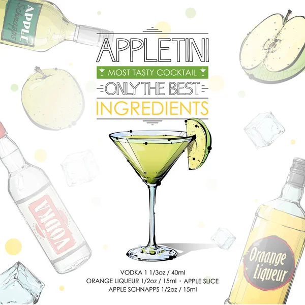 Handritad illustration av cocktail recept med ingredienser. Vec — Stock vektor