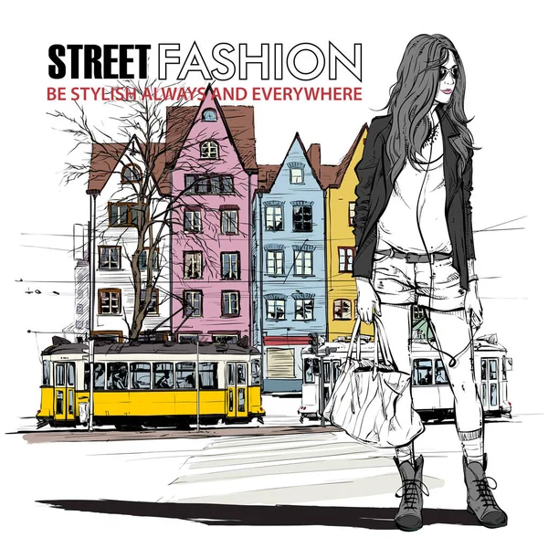 Ziemlich stylisches Mädchen und alte Straßenbahn. Vektorillustration. — Stockvektor