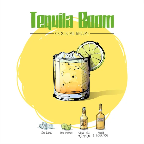 Illustration dessinée à la main de la recette de cocktail avec ingrédients. Végétaux — Image vectorielle