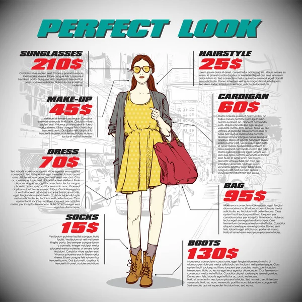 Fashion infographic with model and text. Vector collection. — Stock Vector