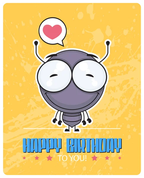 Funny happy birthday greeting card with cartoon ant character. — Stock Vector
