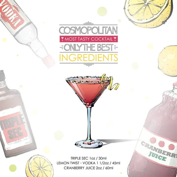 Illustration dessinée à la main de la recette de cocktail avec ingrédients. Végétaux — Image vectorielle