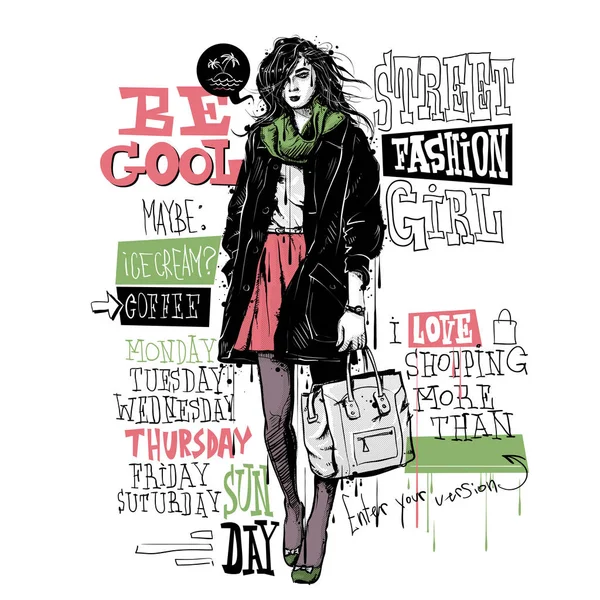 Banner con chica de moda en estilo de boceto y texto. Vector Colectivo — Vector de stock