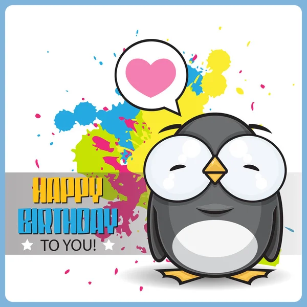 漫画ピンギンチャラクトと面白い幸せな誕生日のグリーティングカード — ストックベクタ