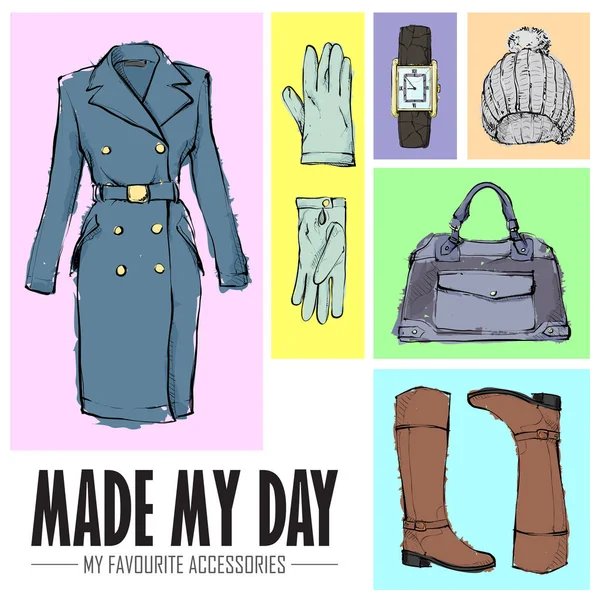 Maakte mijn dag. Set van mode-accessoires. Schets stijl. Vector co — Stockvector