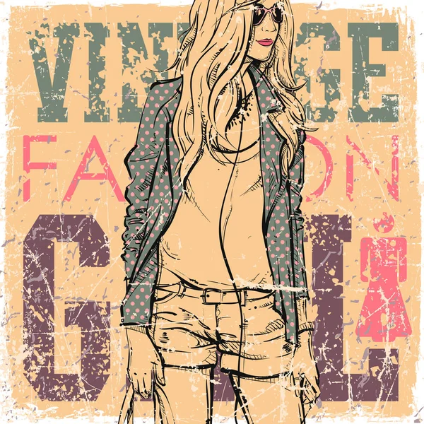 Pretty stylish girl on a grunge background. Vector illustration. — Stock Vector