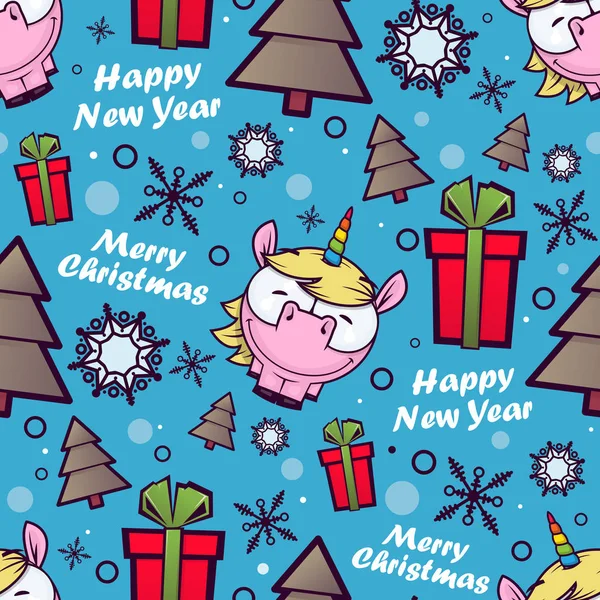 Christmas seamless pattern with cartoon unicorns. Vector illustr — Stock Vector