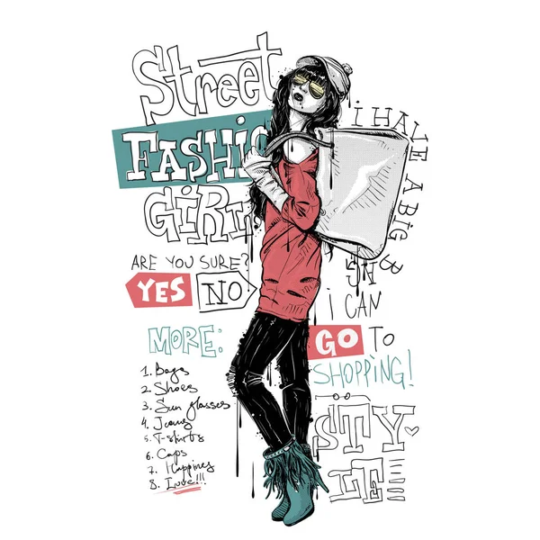 Πανό με μοντέρνα κορίτσι σε στυλ σκίτσο και το κείμενο. Διάνυσμα — Διανυσματικό Αρχείο