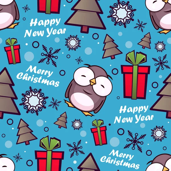 Christmas seamless pattern with cartoon penguins. Vector illustr — Stock Vector