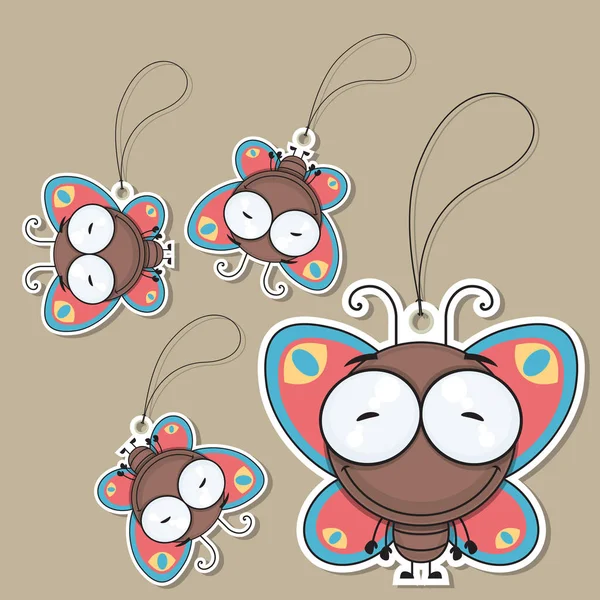 Set de etiquetas con divertida mariposa de dibujos animados. Ilustración vectorial . — Vector de stock