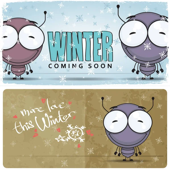 Winter vecor kaart met cartoon ant karakter. — Stockvector