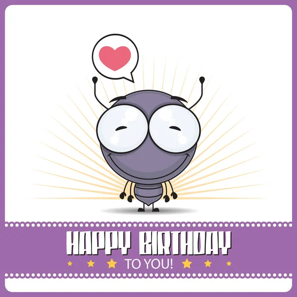 Funny happy birthday greeting card with cartoon ant character. — Stock Vector