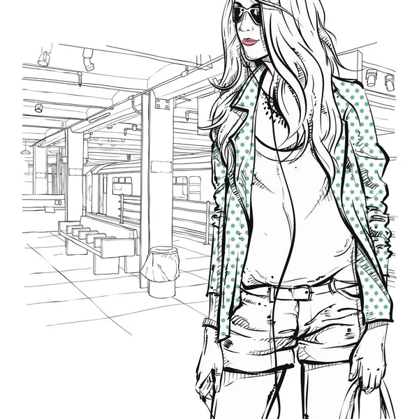 Pretty stylish girl in sketch-style on a subway station. Vector — Stock Vector