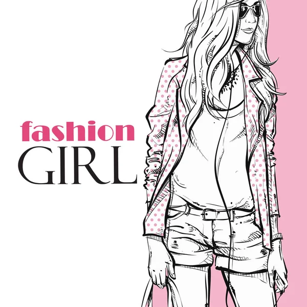 Pretty stylish girl on a grunge background. Vector illustration. — Stock Vector