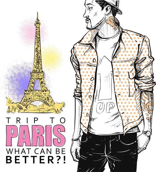 Cool stylish boy in sketch-style on a eiffel tower background. V — Stock Vector