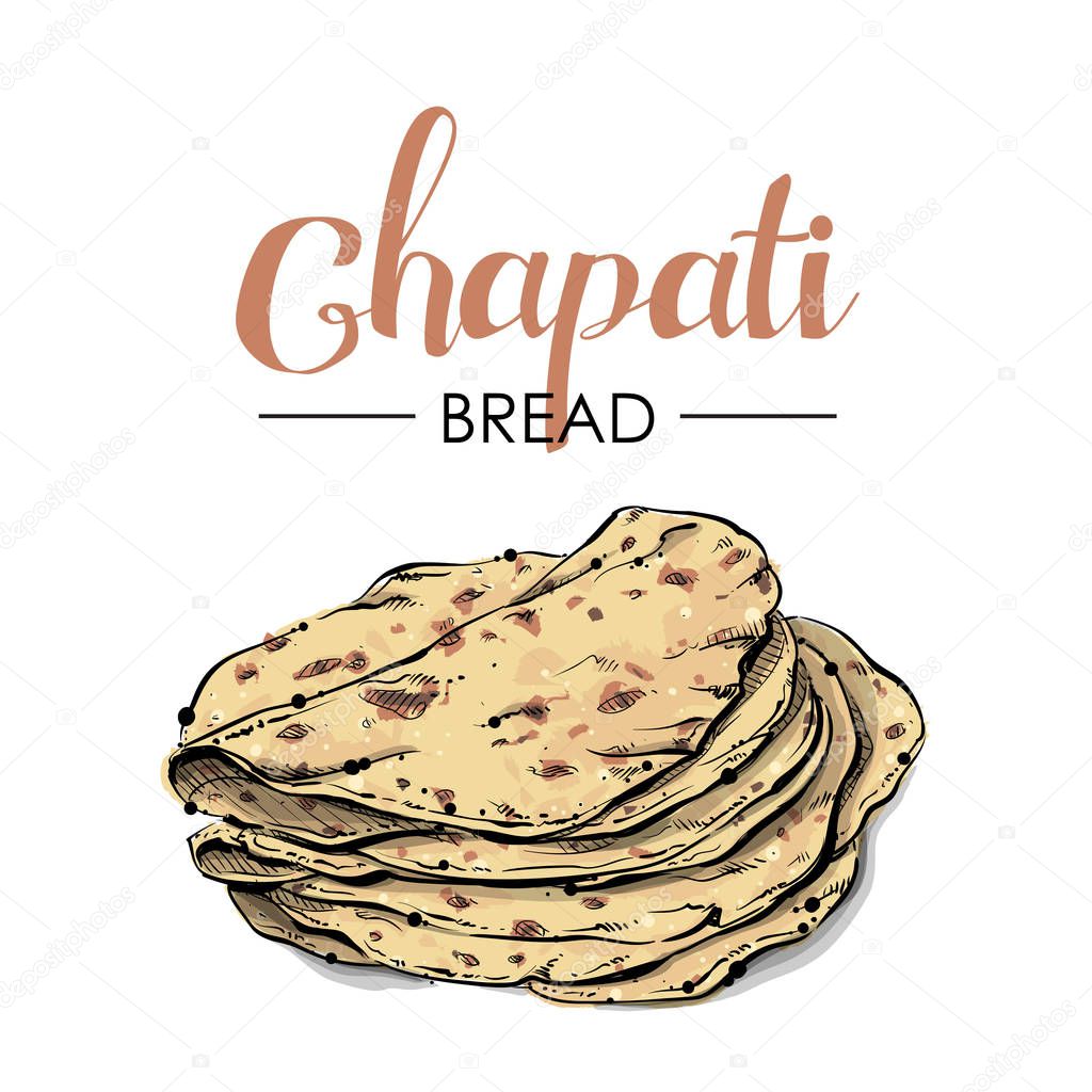 Chapati bread drawing. Sketch style. Vector.
