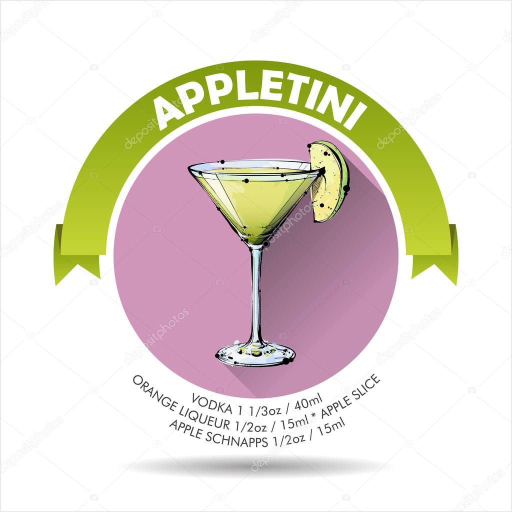 Vector icon of appletini cocktail and recipe. Collection.