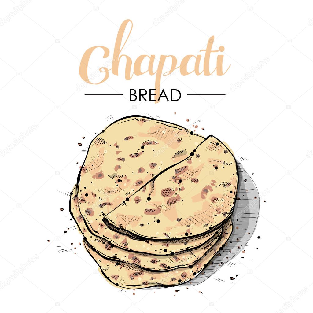 Chapati bread drawing. Sketch style. Vector.