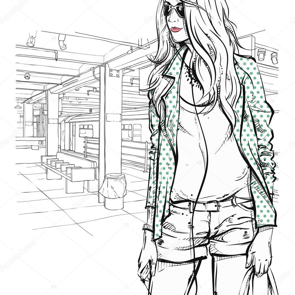 Pretty stylish girl in sketch-style on a subway station. Vector 