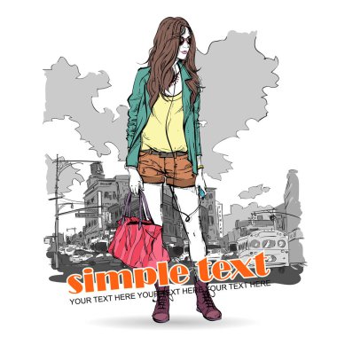 Sket güzel bir kız illüstrasyon ile el çizilmiş arka plan