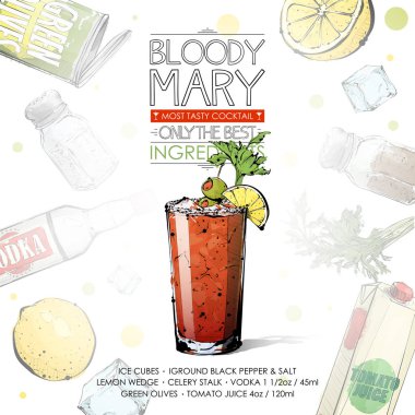 Malzemelerle kokteyl tarifi el çizilmiş illüstrasyon. Vec