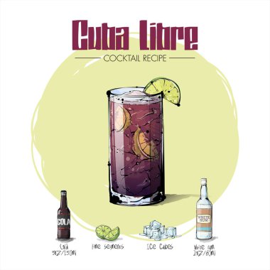 Malzemelerle kokteyl tarifi el çizilmiş illüstrasyon. Vec