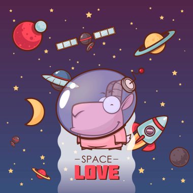 Uzay aşkı. Vektör hayvan karakteri ile kart.