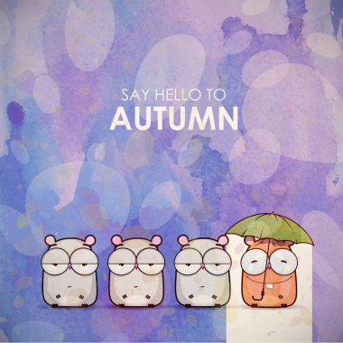 Komik hayvan karakteri ile Sonbahar tebrik kartı.