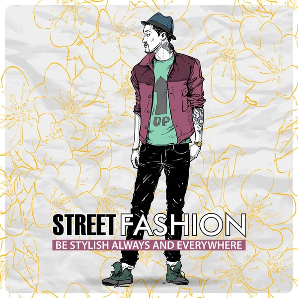Stylish boy in sketch-style on a floral background. Vector illus — Stock Vector