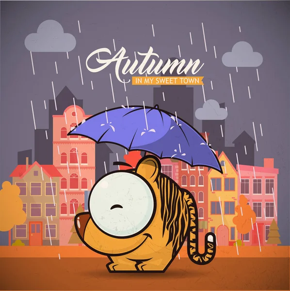 Carte d'automne avec personnage animal de dessin animé sur fond de ville. V — Image vectorielle