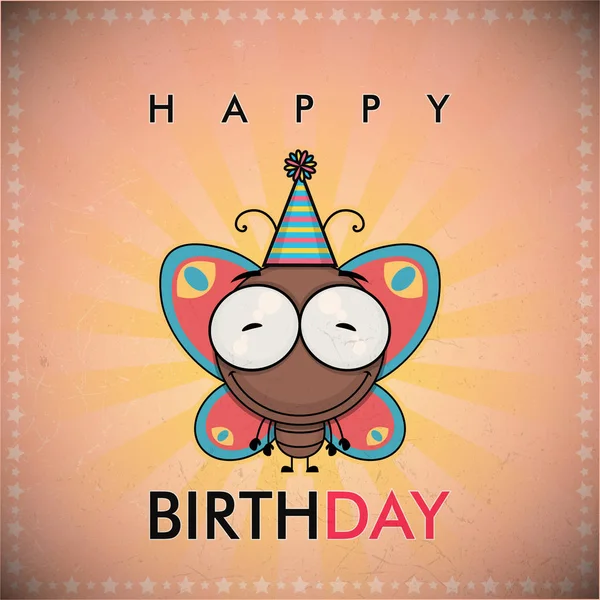 Divertido feliz cumpleaños tarjeta de felicitación con linda mariposa de dibujos animados . — Vector de stock