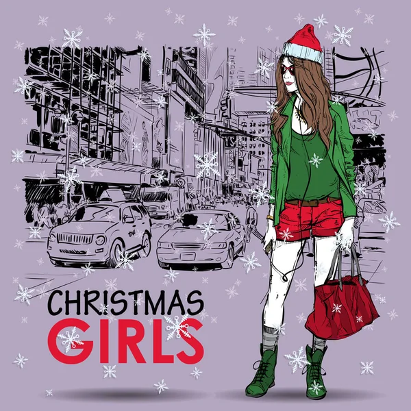 Jolie fille de Noël sur fond de rue. Illustration vectorielle — Image vectorielle