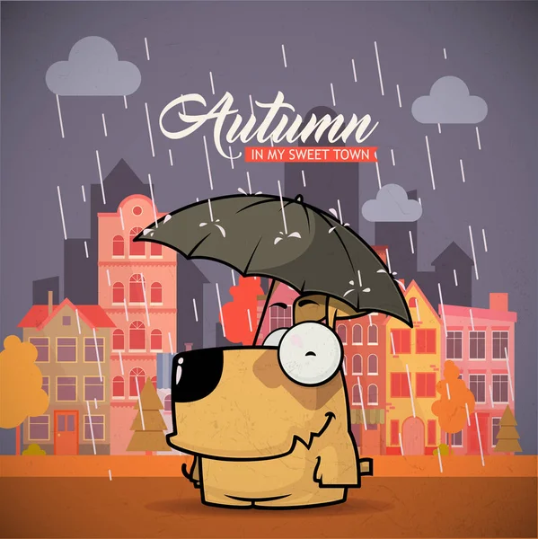 Herbstkarte mit Cartoon-Tierfigur auf Stadthintergrund. v — Stockvektor