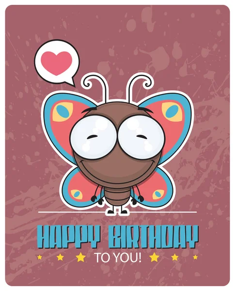有趣的生日快乐贺卡与卡通蝴蝶查拉克 — 图库矢量图片