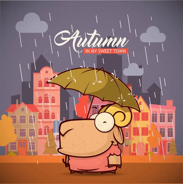 Podzimní karta s kresleného zvířecího šarmu na pozadí města. V — Stockový vektor
