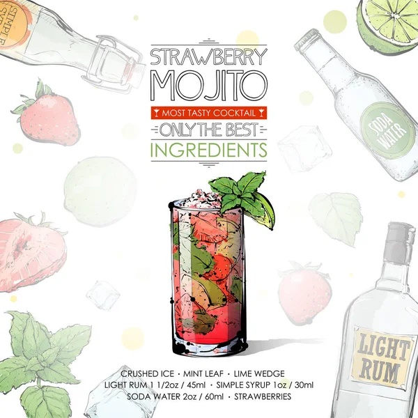 Hand getekende illustratie van Cocktail recept met ingrediënten. Vec — Stockvector