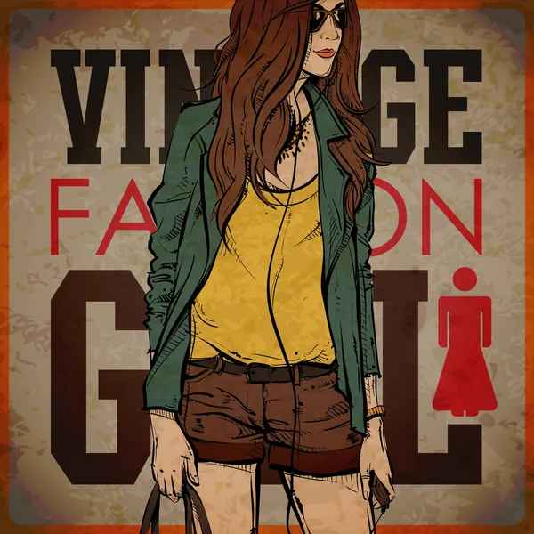 Vintage bakgrund med Pretty Fashion Girl. — Stock vektor