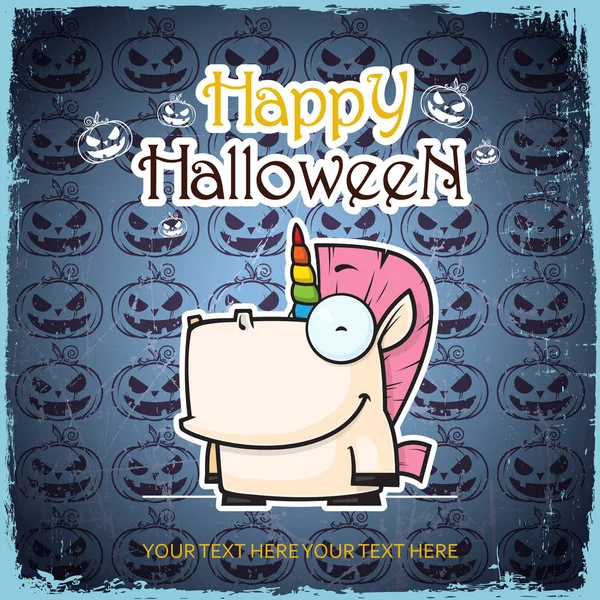Biglietto di auguri di Halloween con unicorno cartone animato. Illatio vettoriale — Vettoriale Stock