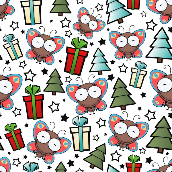 Christmas seamless pattern with cartoon butterflies. Vector illu — Stock Vector