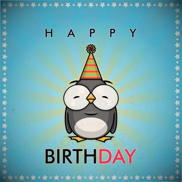 Divertido feliz cumpleaños tarjeta de felicitación con dibujos animados pinguin characte — Vector de stock