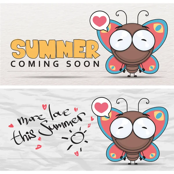 Tarjeta vectorial de verano con personaje de mariposa de dibujos animados . — Vector de stock