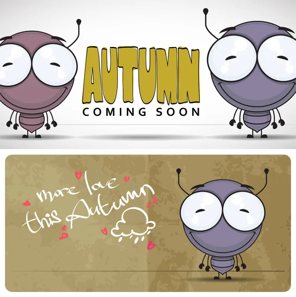 Tarjeta vecor de otoño con personaje de hormiga de dibujos animados . — Archivo Imágenes Vectoriales