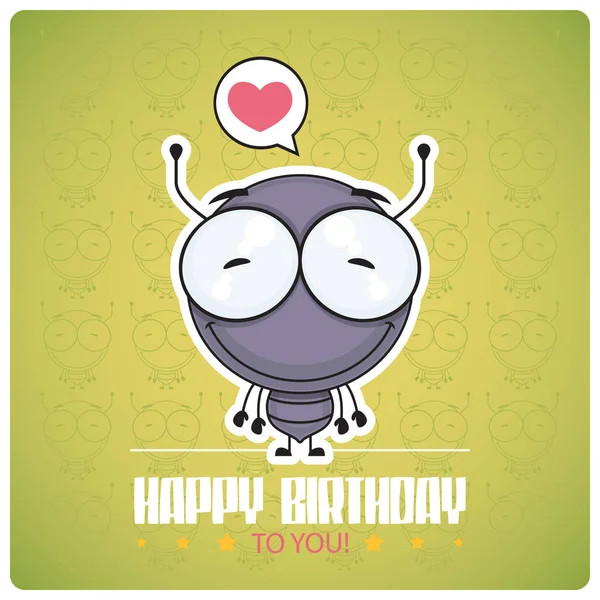 漫画アリのキャラクターと面白い幸せな誕生日のグリーティングカード. — ストックベクタ