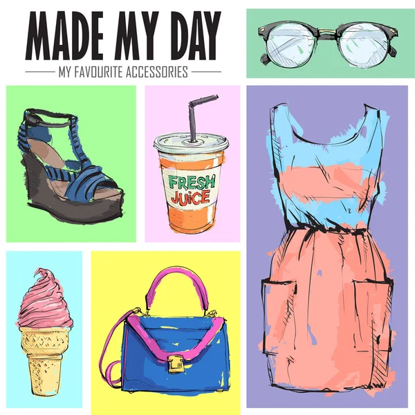 Maakte mijn dag. Set van mode-accessoires. Schets stijl. Vector co — Stockvector