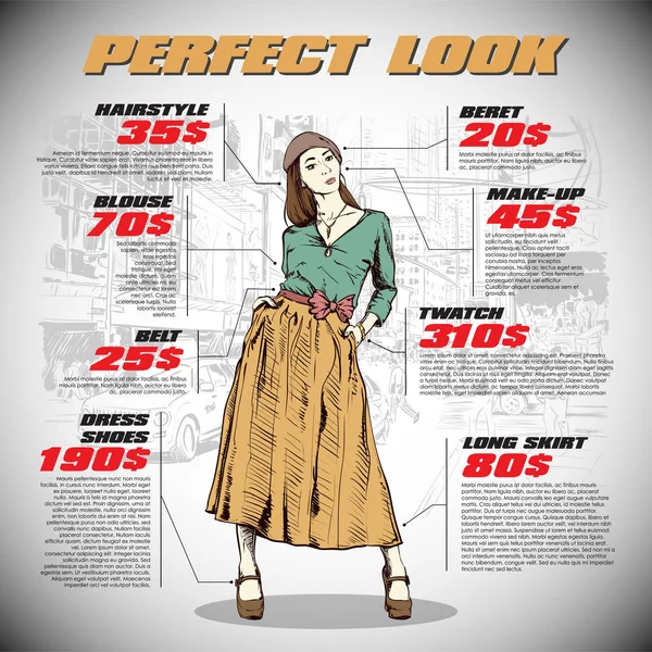 Fashion infographic with model and text. Vector collection. — Stock Vector